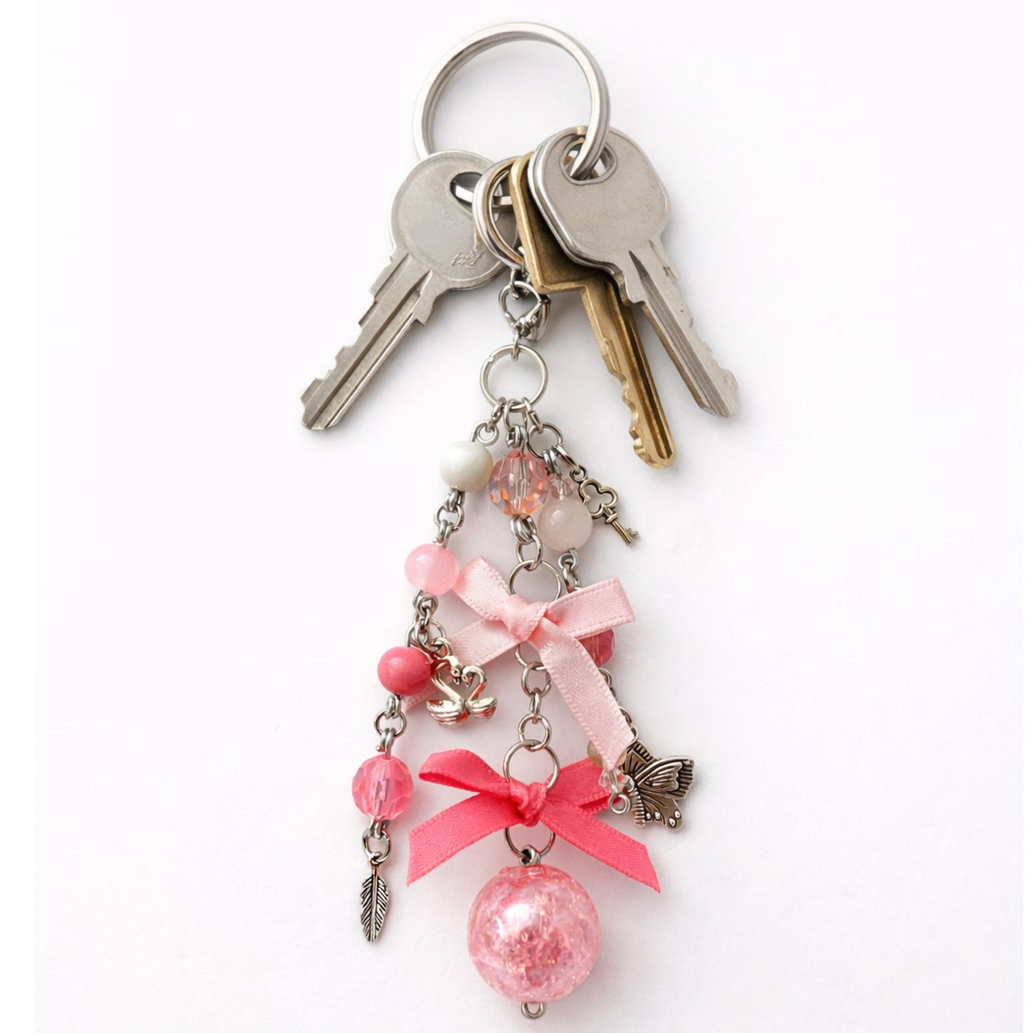 Pink Bow Butterfly Beaded Charm - Keychain Bag Charm Zipper Pull