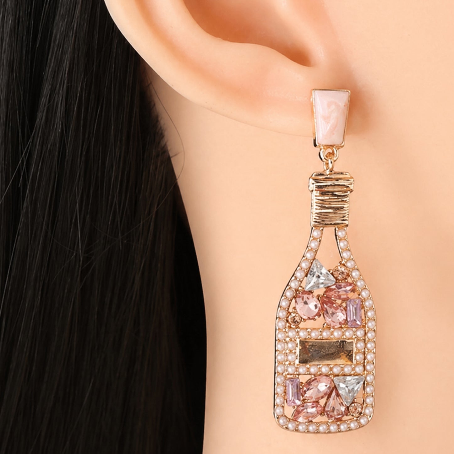 Pink Champagne Bottle Rhinestone Drop Earrings