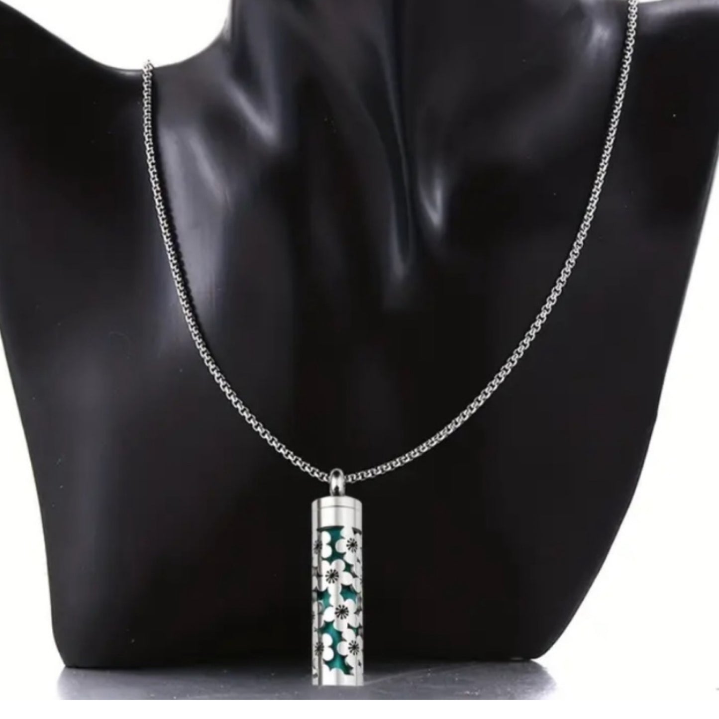 Silver Floral Essential Oil Diffuser Necklace with 28” Chain and 5 Refill Strips