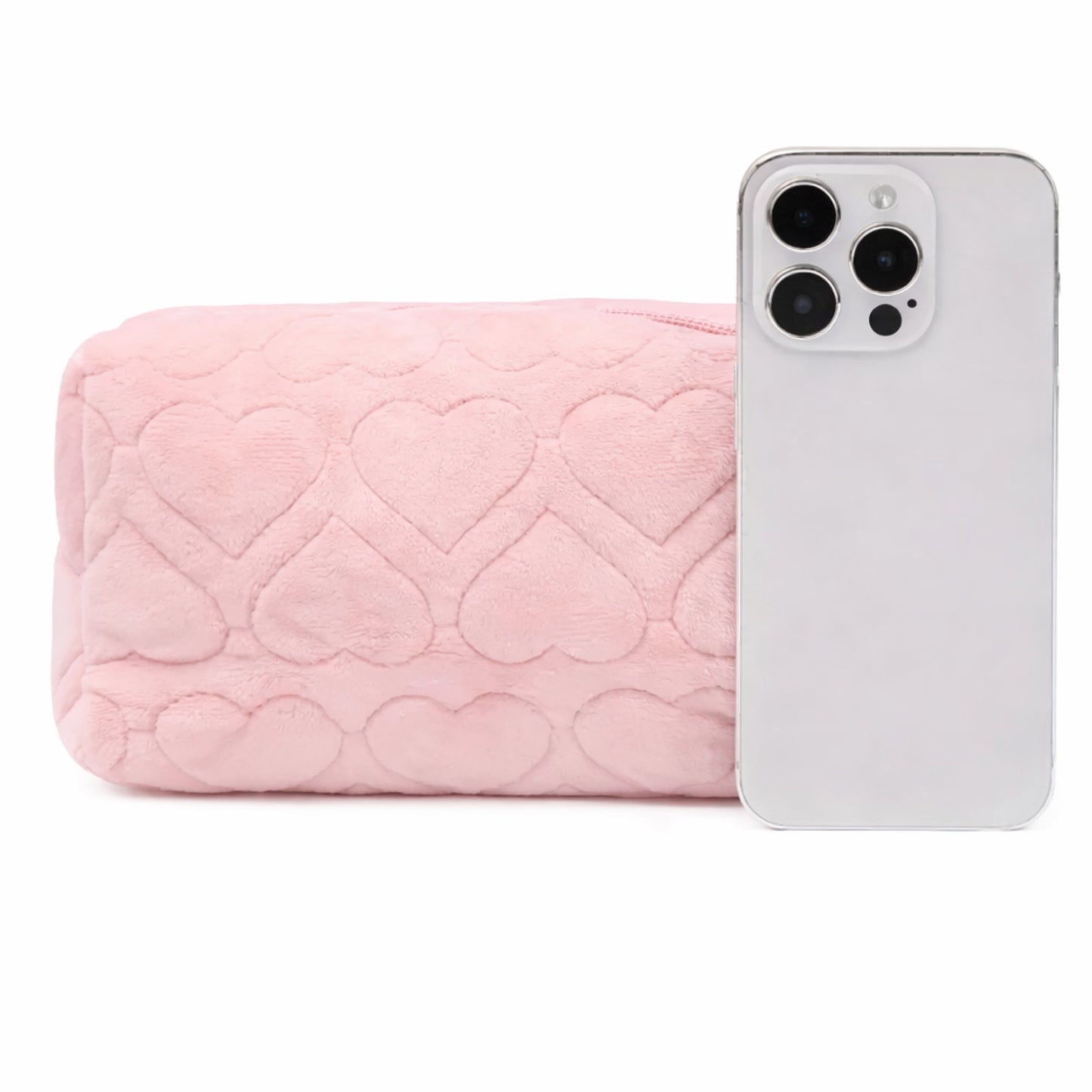 Pink Fuzzy Heart Cosmetic Makeup Bag