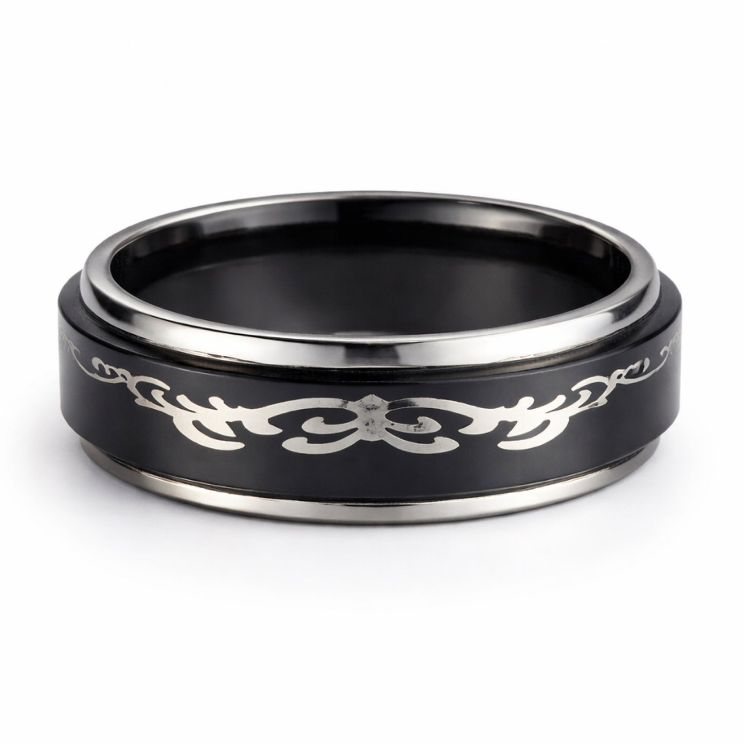 Black Tribal Spinner Ring – Stainless Steel Fidget Band