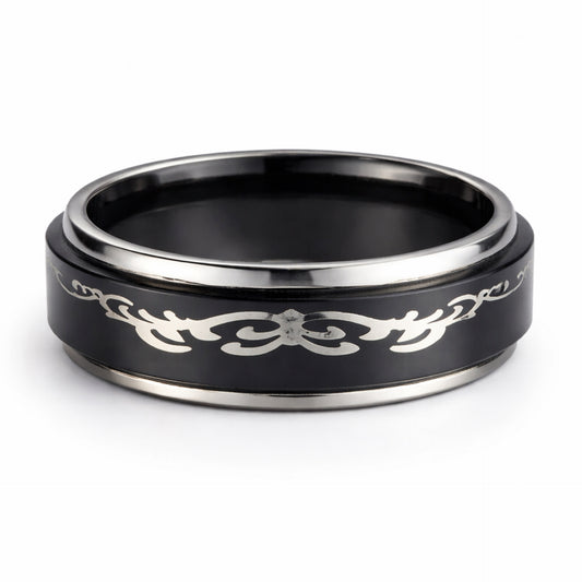 Black Tribal Spinner Ring – Stainless Steel Fidget Band