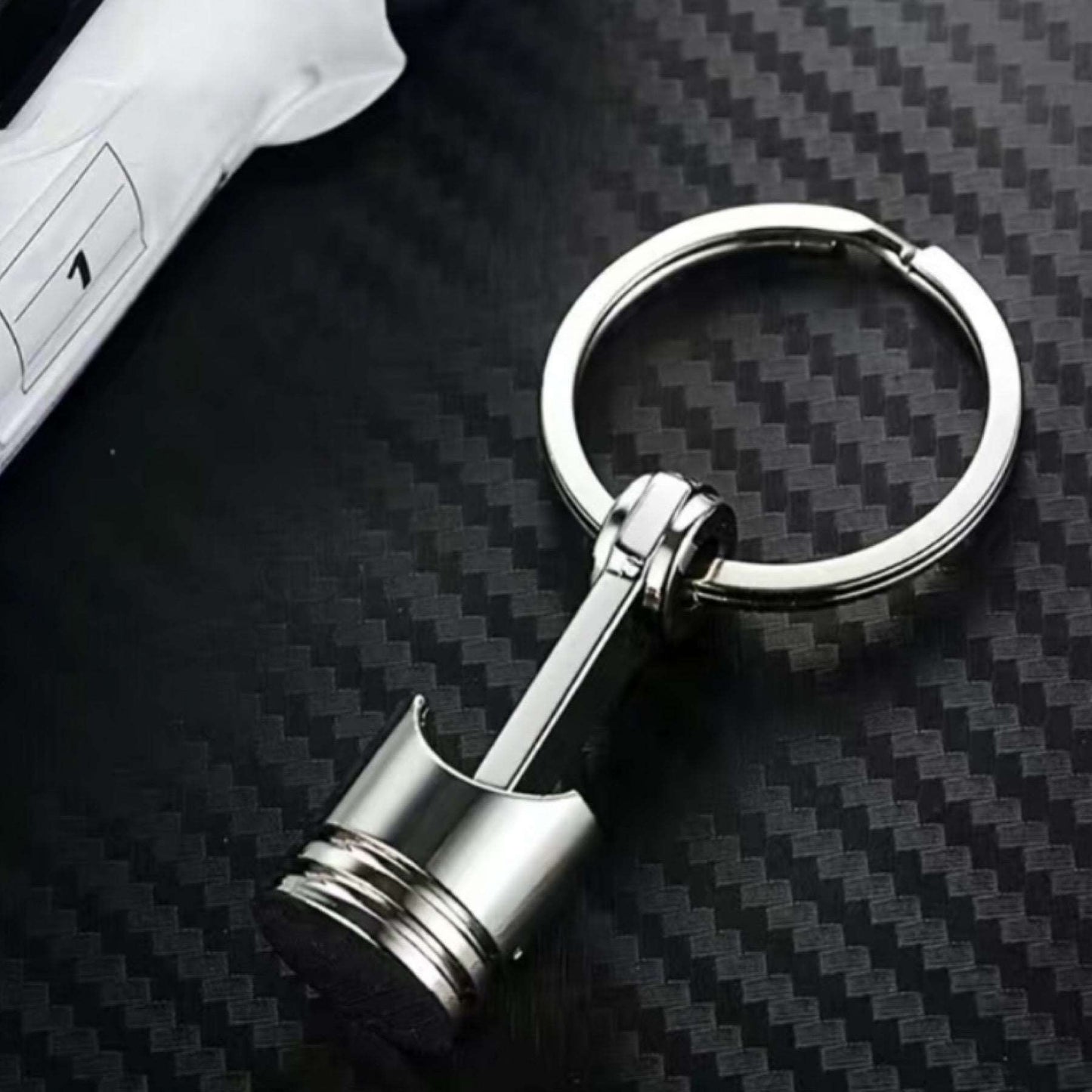 Silver Car Engine Piston Keychain