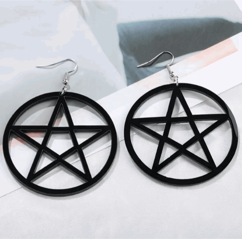 Black Dangly Pentagram Hoop Earrings