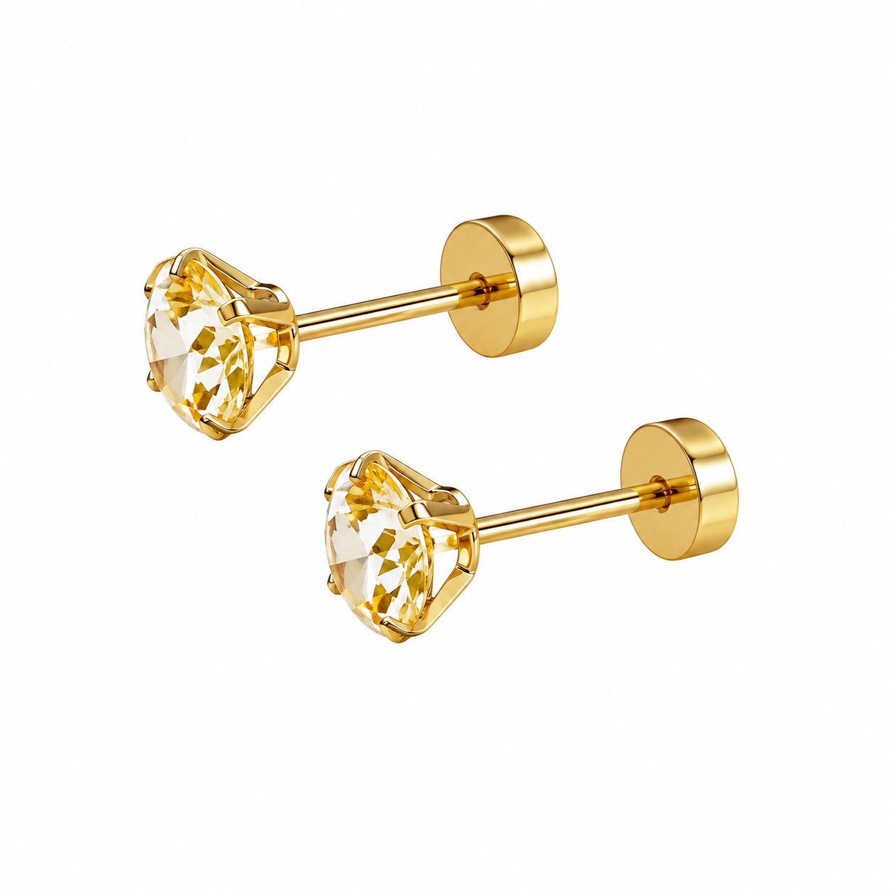 Yellow CZ Flat Back Stud Earrings - 20G 4mm