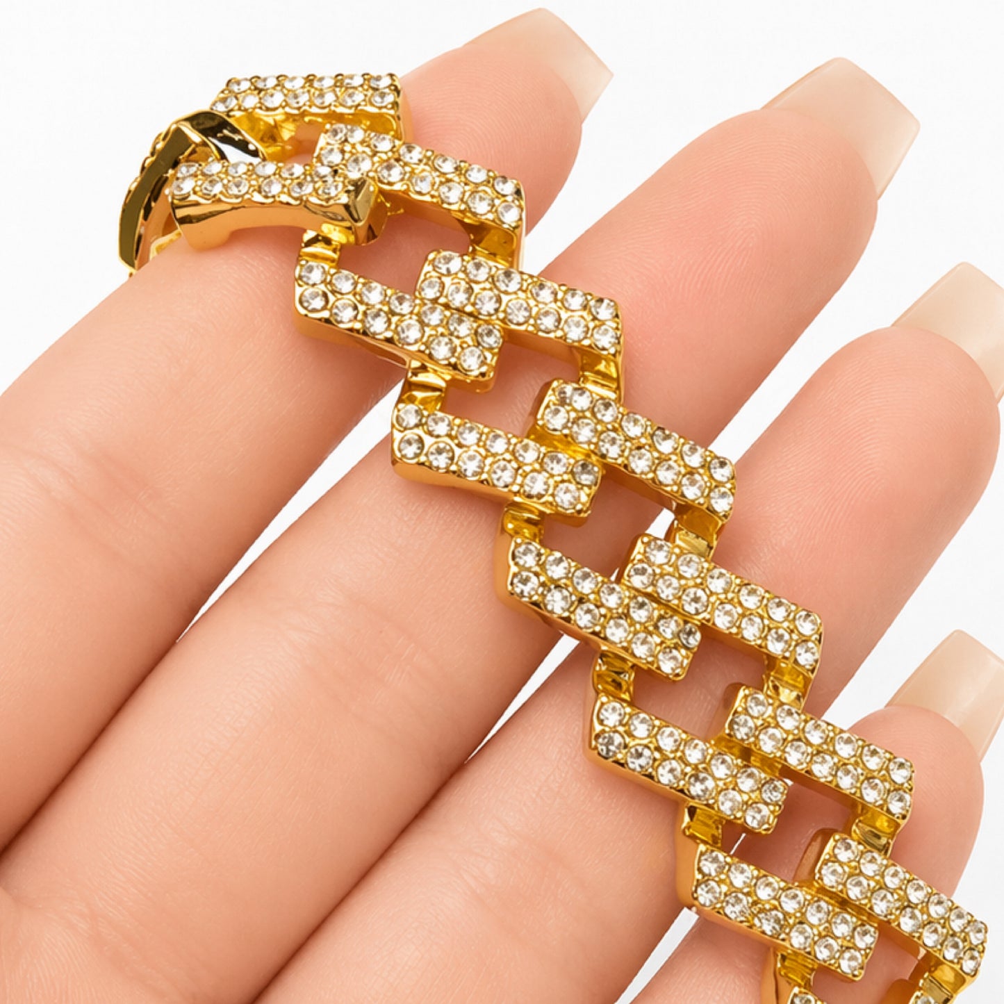 24” 15mm Gold Cuban Link Chain Necklace with Clear CZ – Iced Out Stainless Steel