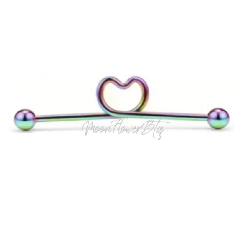 Rainbow Heart Industrial Barbell Earring