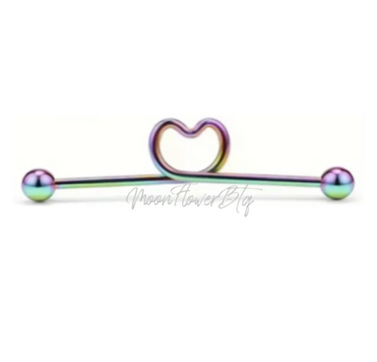 Rainbow Heart Industrial Barbell Earring