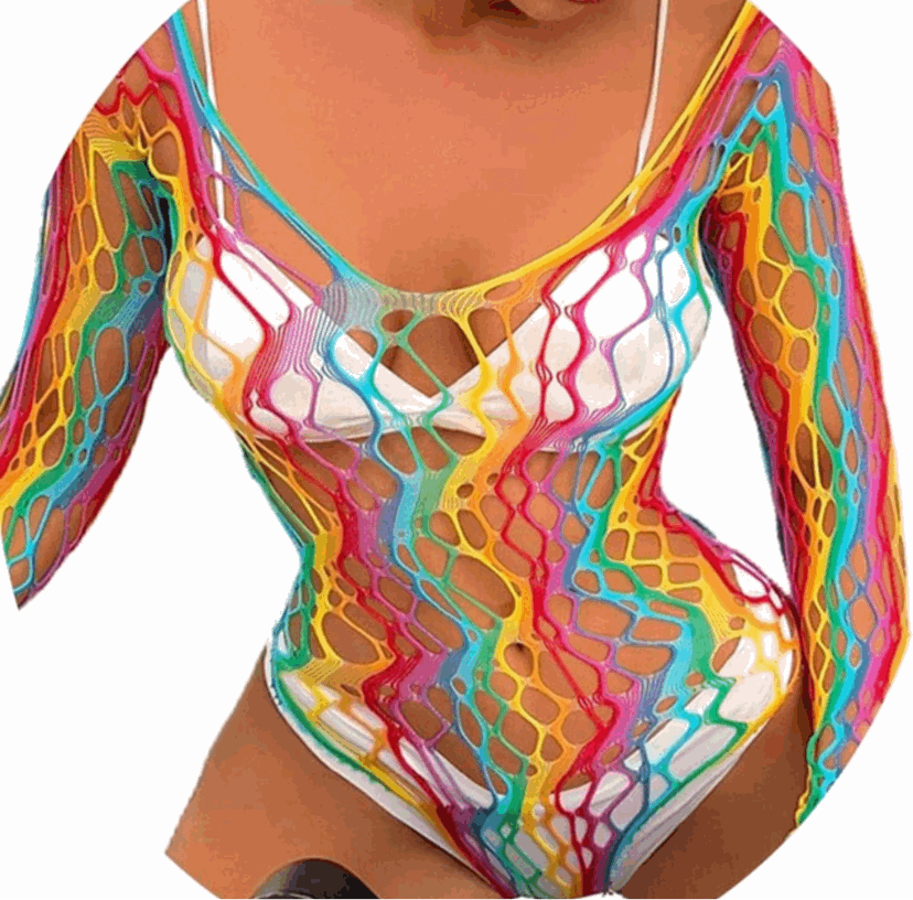 Rainbow Mesh Fishnet Bodysuit Rave Festival Outfit Swim Cover