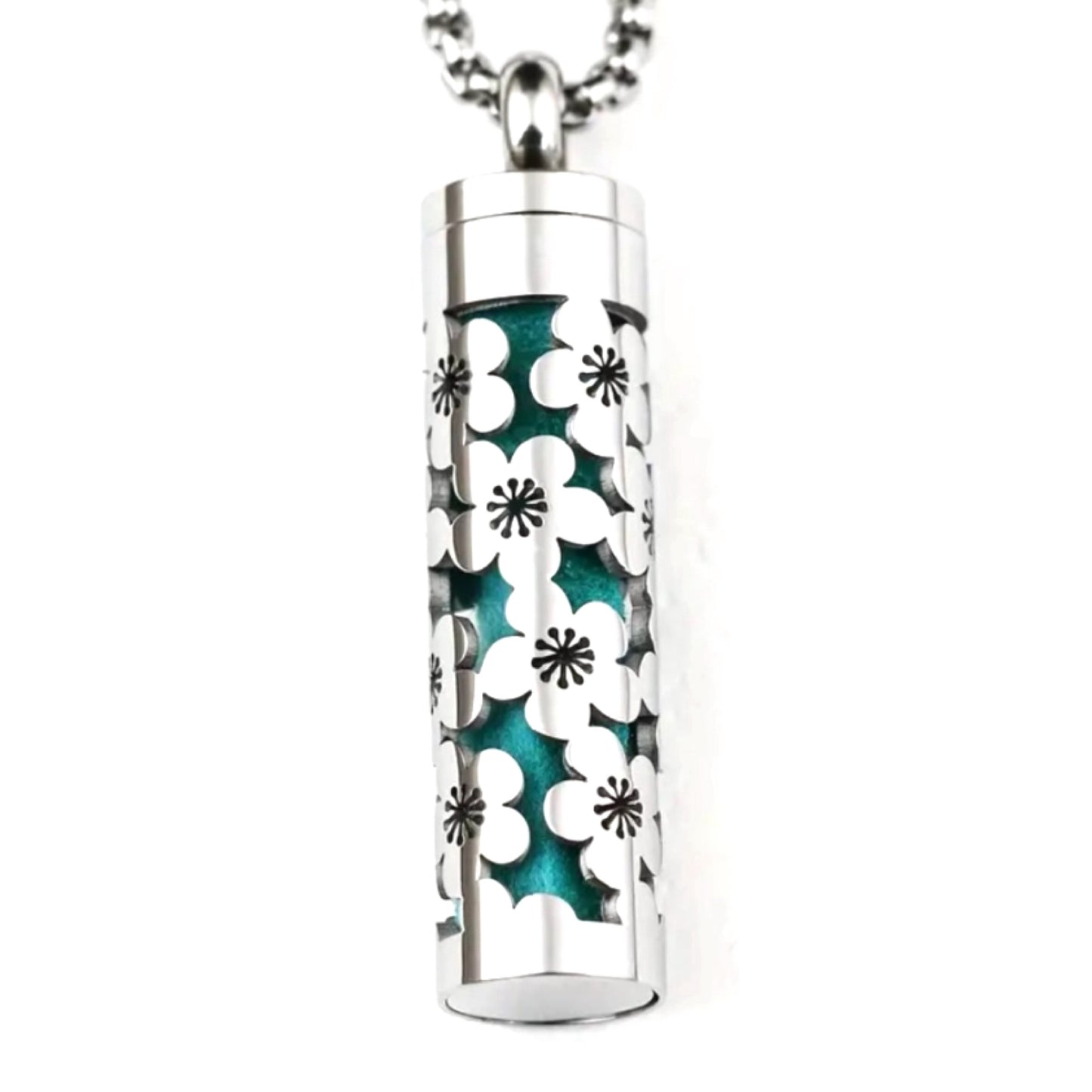 Silver Floral Essential Oil Diffuser Necklace with 28” Chain and 5 Refill Strips