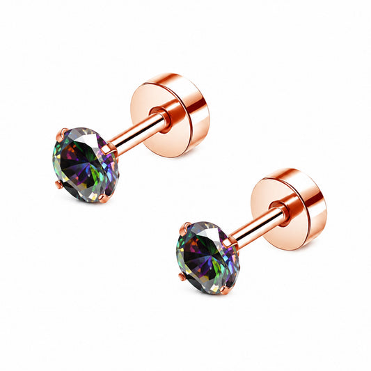 Rose Gold Rainbow CZ Flat Back Stud Earrings