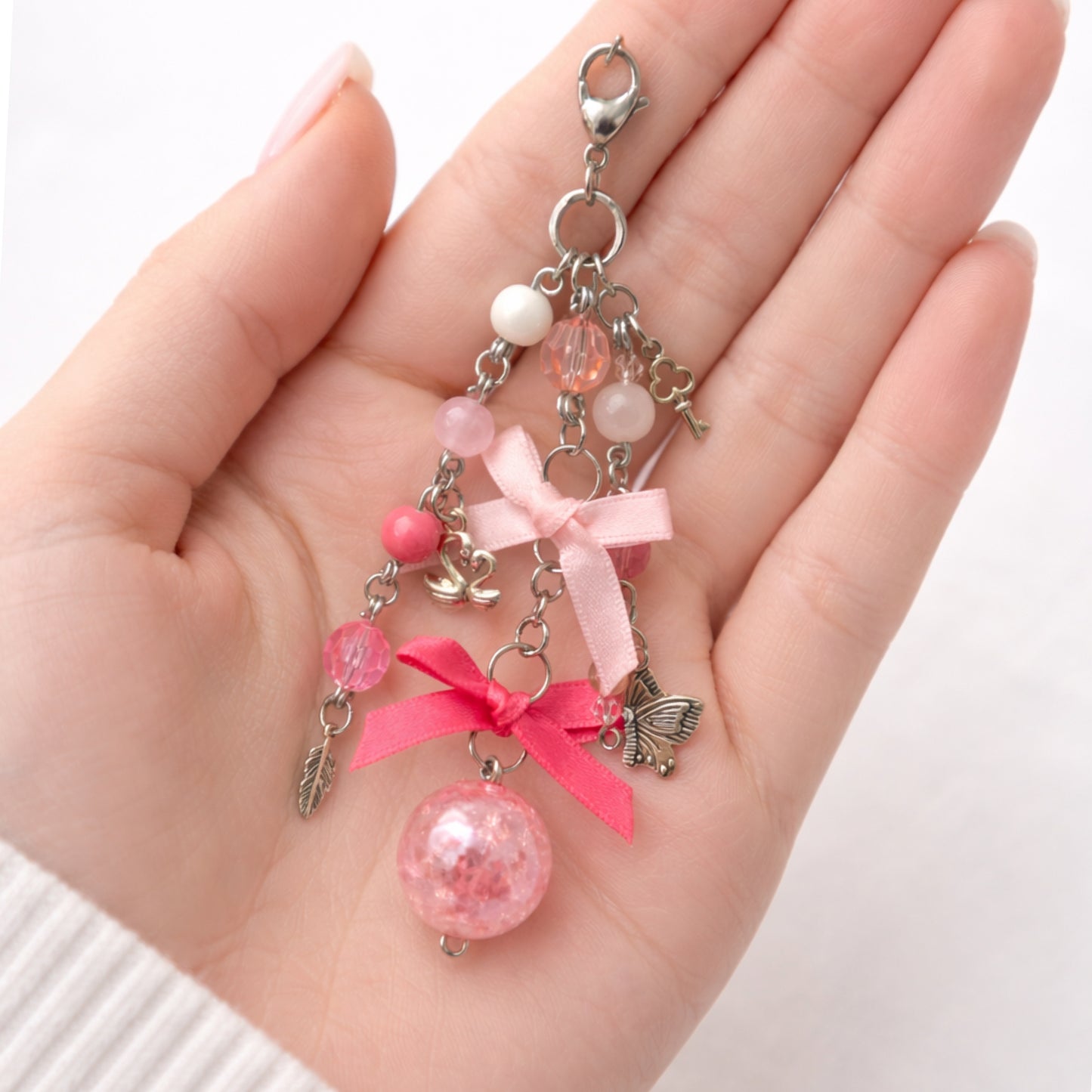 Pink Bow Butterfly Beaded Charm - Keychain Bag Charm Zipper Pull