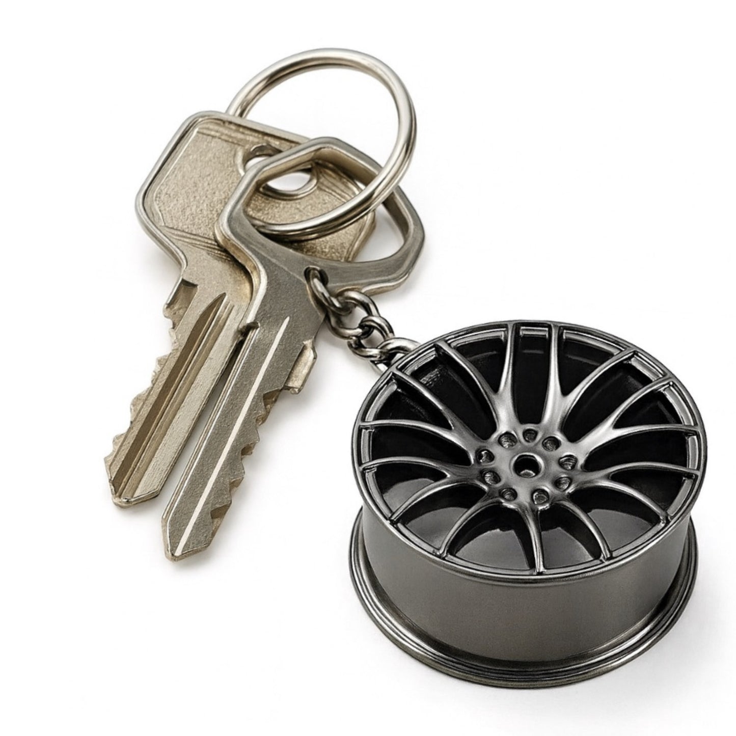 Gunmetal Car Wheel Keychain | Spoke Rim Design Silver Key Ring