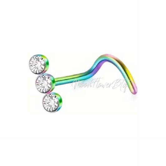 Rainbow Triple CZ Screw Nose Ring