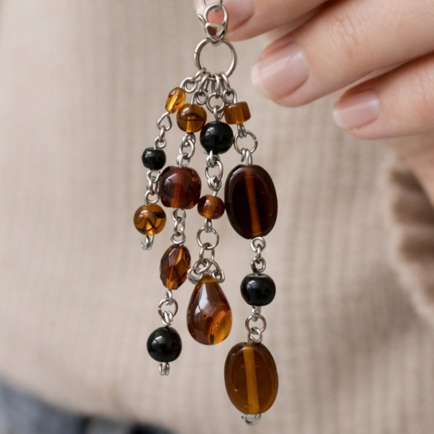 Amber Brown & Black Beaded Charm - Keychain Bag Charm Zipper Pull