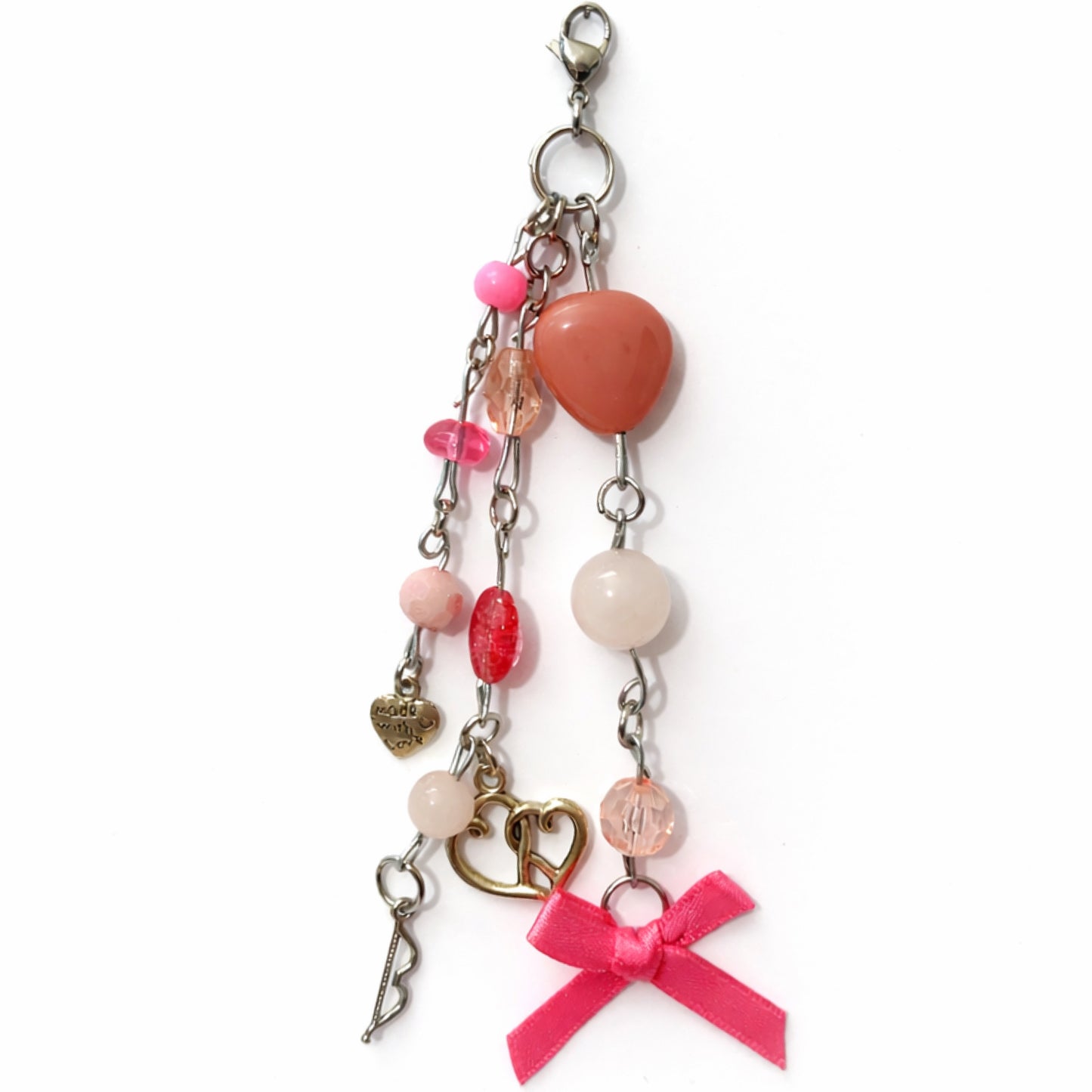 Pink Heart Bow Arrow Beaded Charm - Bag Charm Keychain Zipper Pull