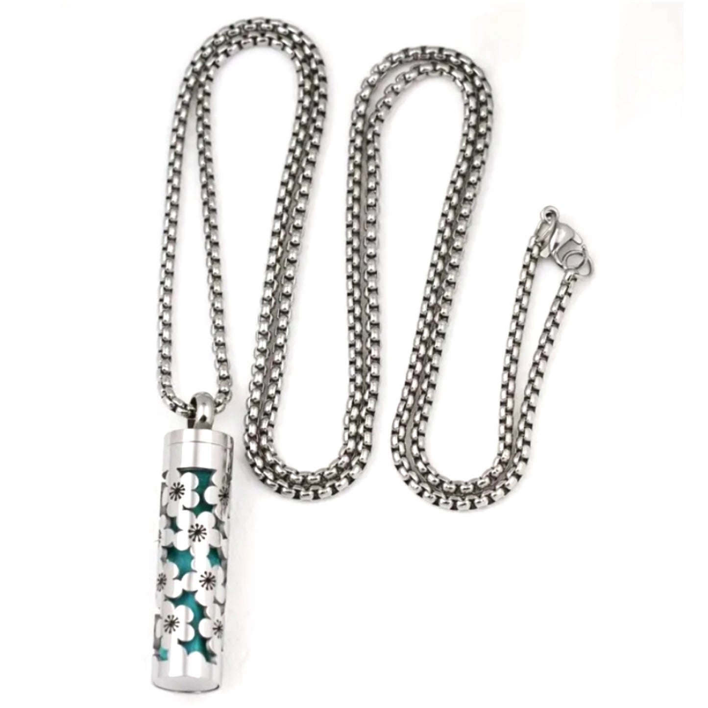 Silver Floral Essential Oil Diffuser Necklace with 28” Chain and 5 Refill Strips