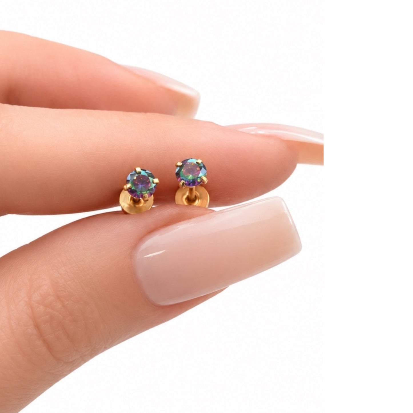 Gold Rainbow CZ Flat Back Stud Earrings