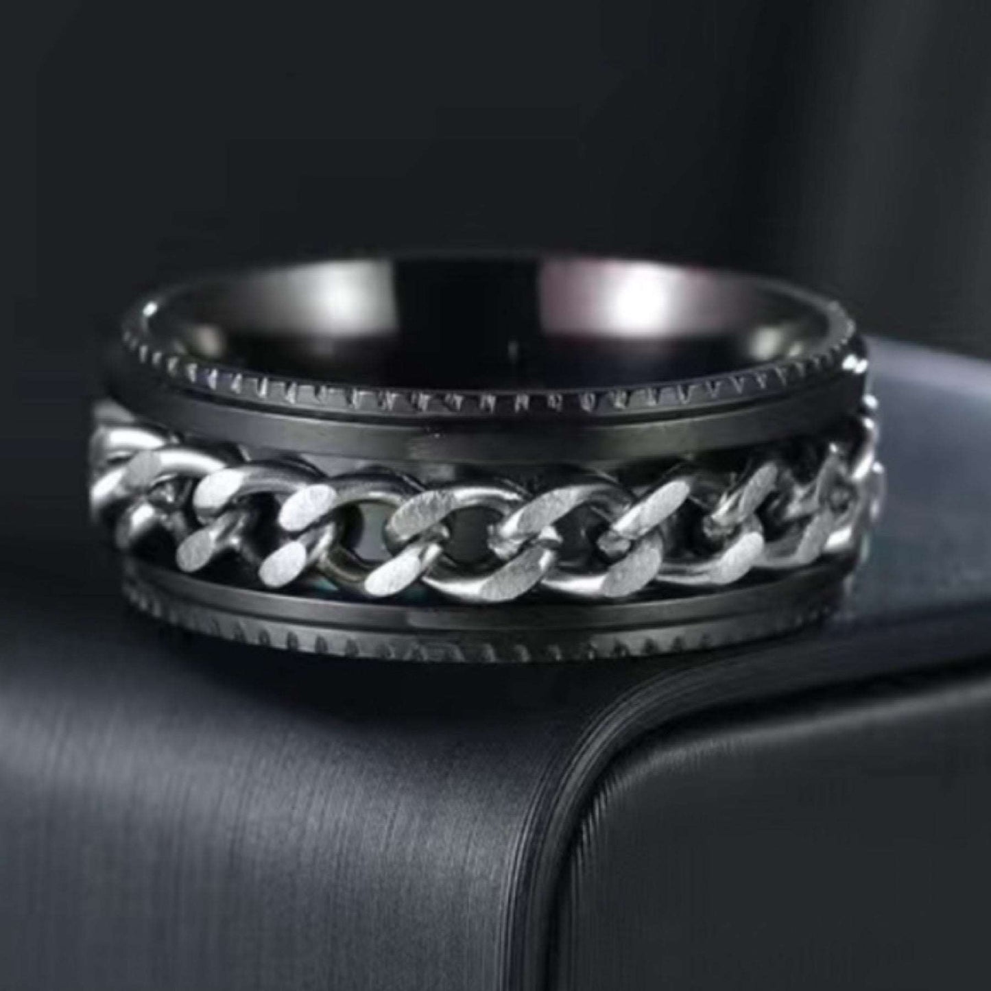 Black Silver Chain Anxiety Fidget Spinner Ring