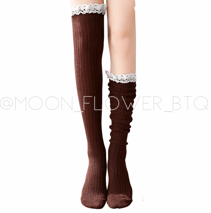 Brown Lace Trim Knit Over the Knee High Socks