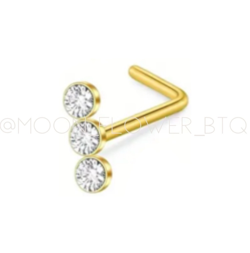 Triple CZ Gold L Shaped Nose Ring