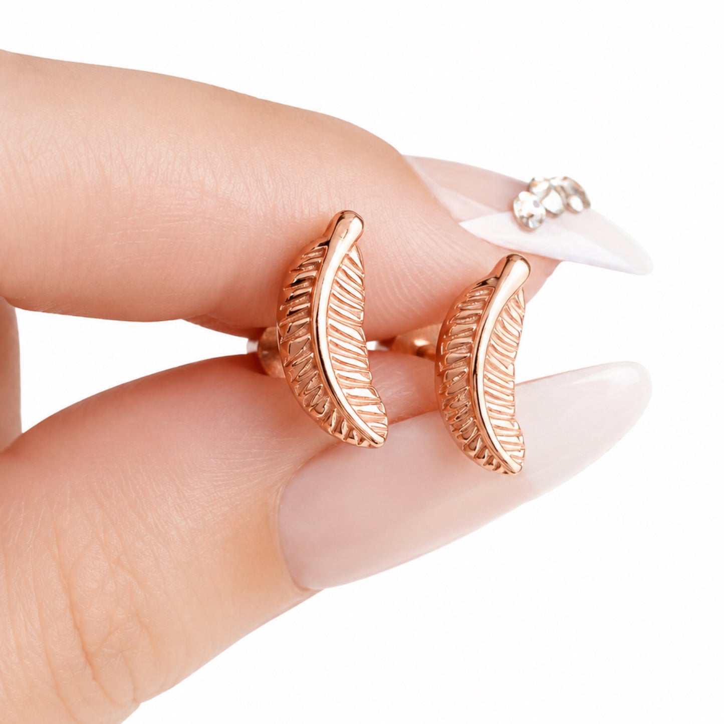 Rose Gold Feather Flat Back Stud Earrings