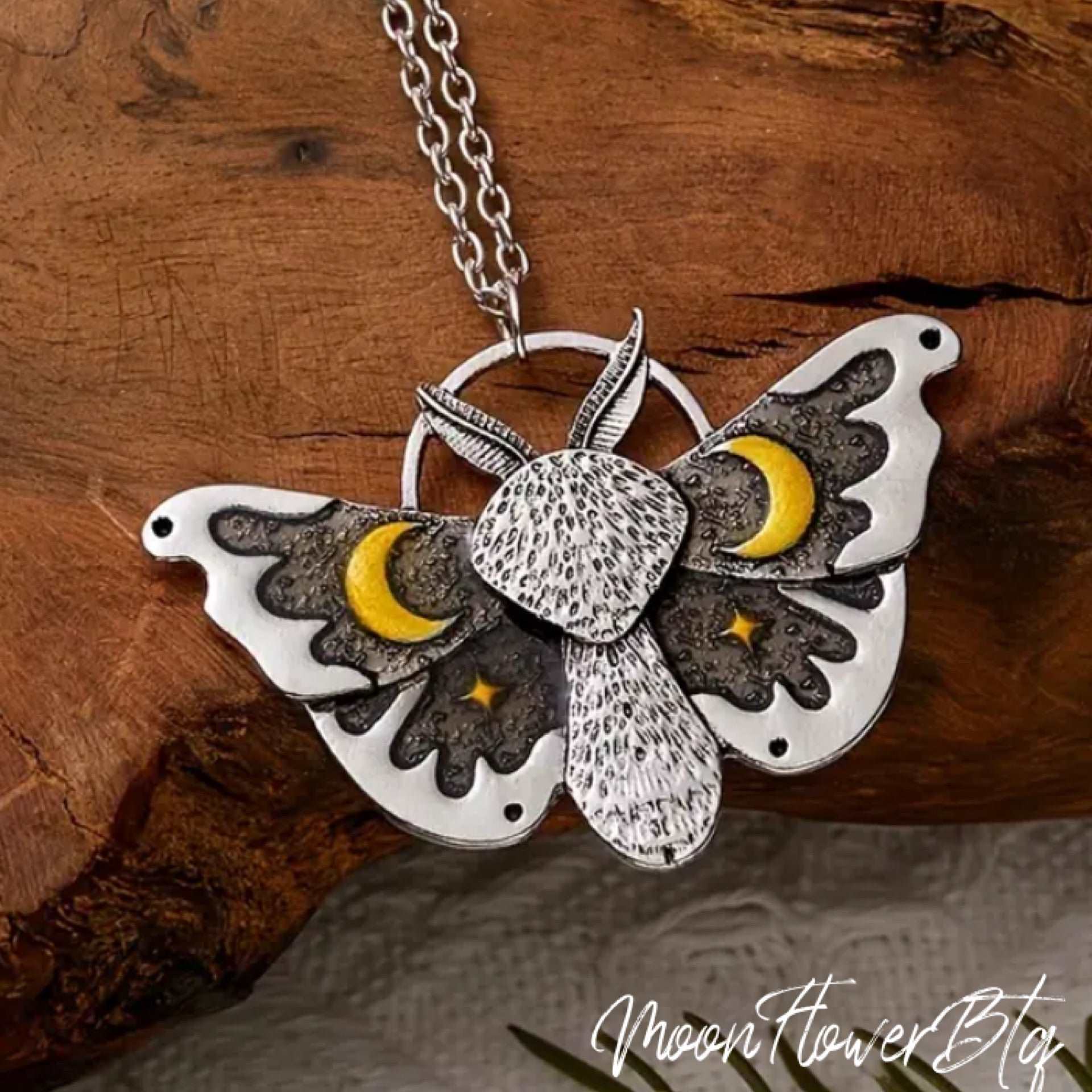 Silver Goth Moth Moon Star Pendant Necklace