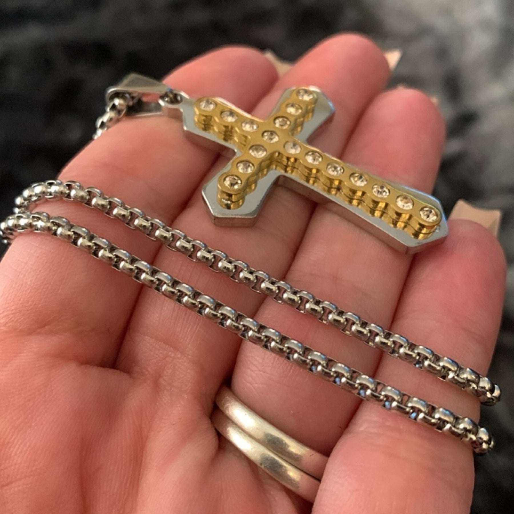 Double Layer Two Tone CZ Cross Necklace