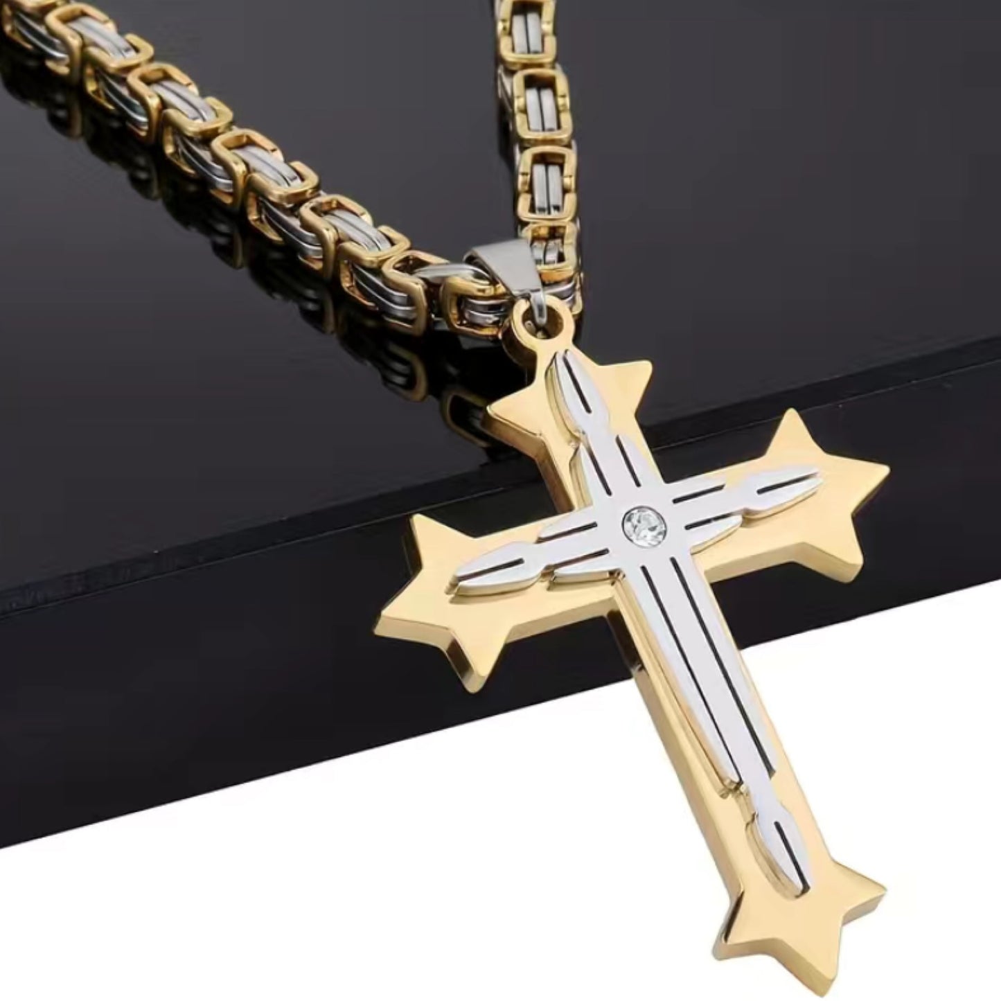 Two Tone Gold Sliver Layered CZ Cross Necklace