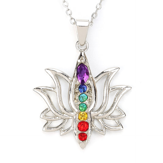 Silver Lotus Chakra Necklace – Rainbow Gemstone Pendant on Chain