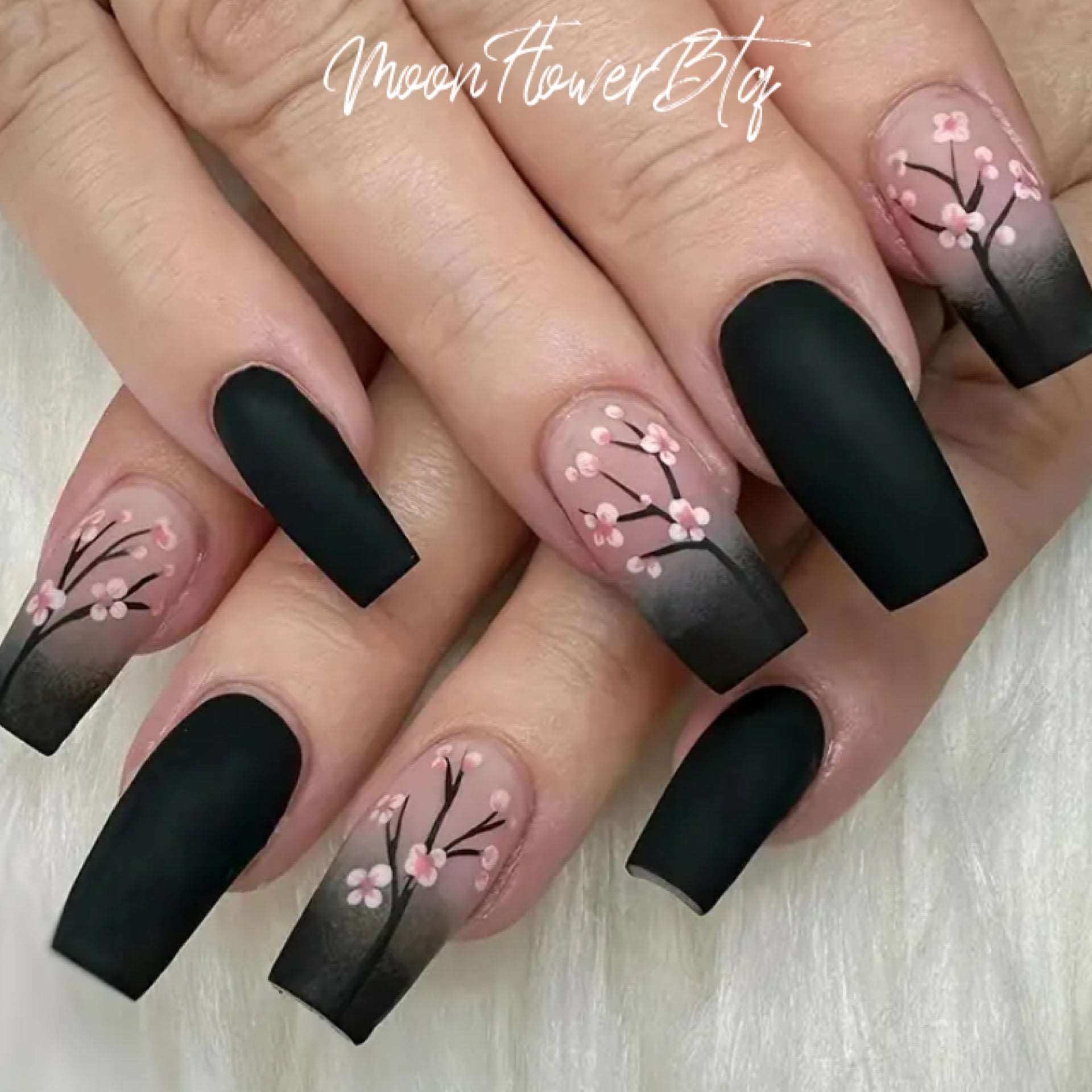 Black and Pink Cherry Blossom Oval Nails