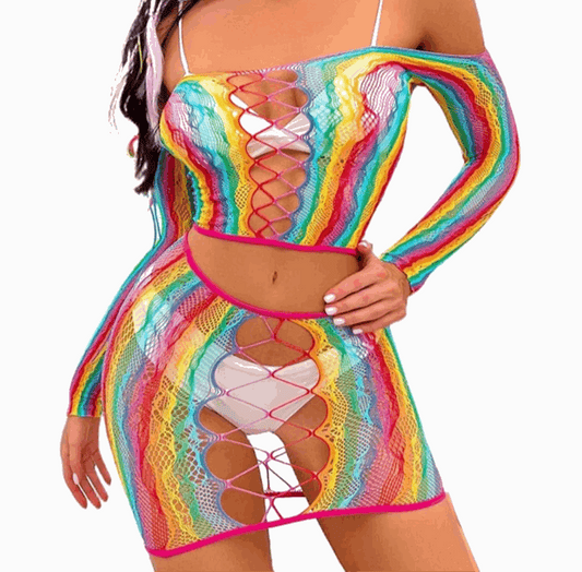 Rainbow Mesh Fishnet Rave Festival Outfit Swim Cover