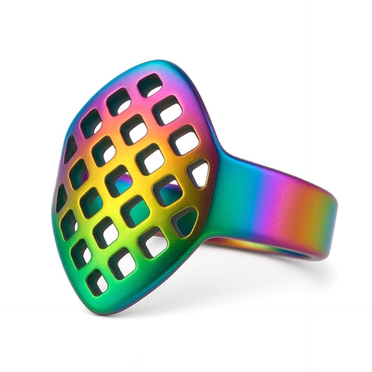 Rainbow Iridescent Honeycomb Statement Ring – Stainless Steel Grid Shield