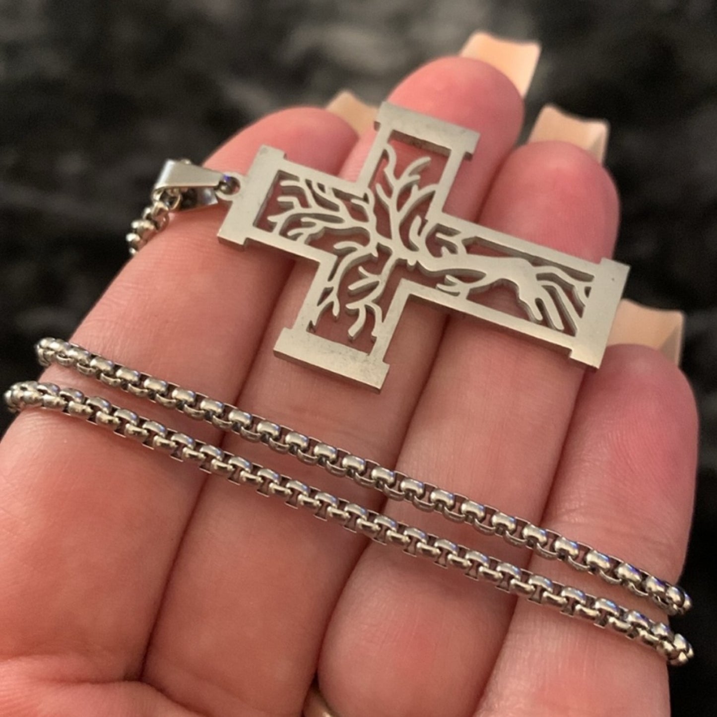 Silver Tree of Life Cross Cut Out Necklace