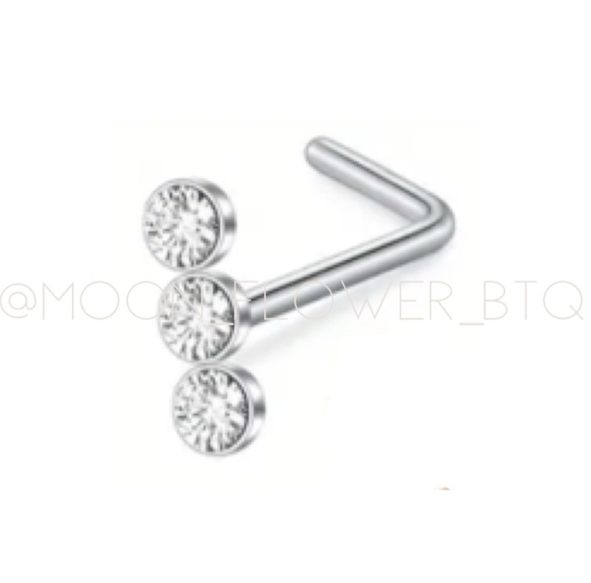 Triple CZ Silver L Shaped Nose Ring