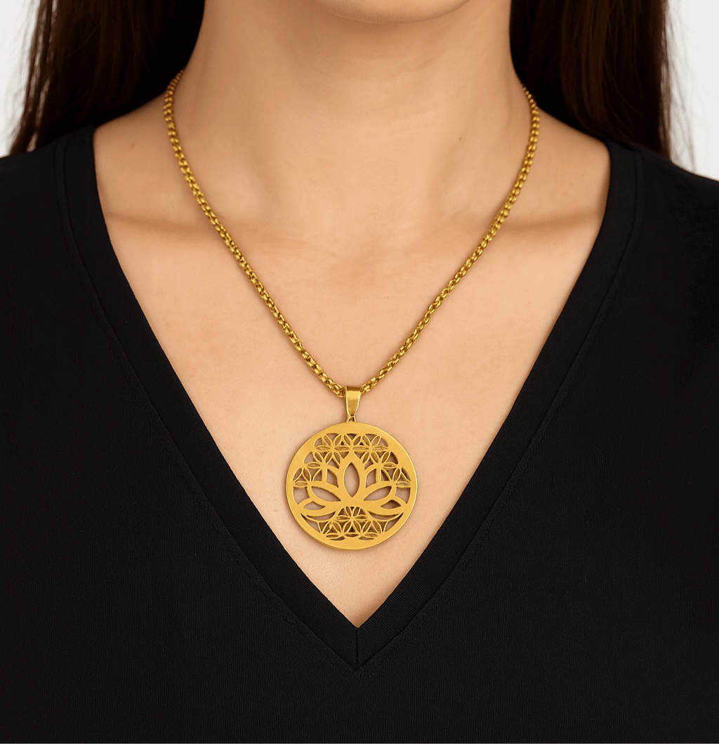 18K Gold Lotus Mandala Pendant Necklace – Stainless Steel Yoga Jewelry