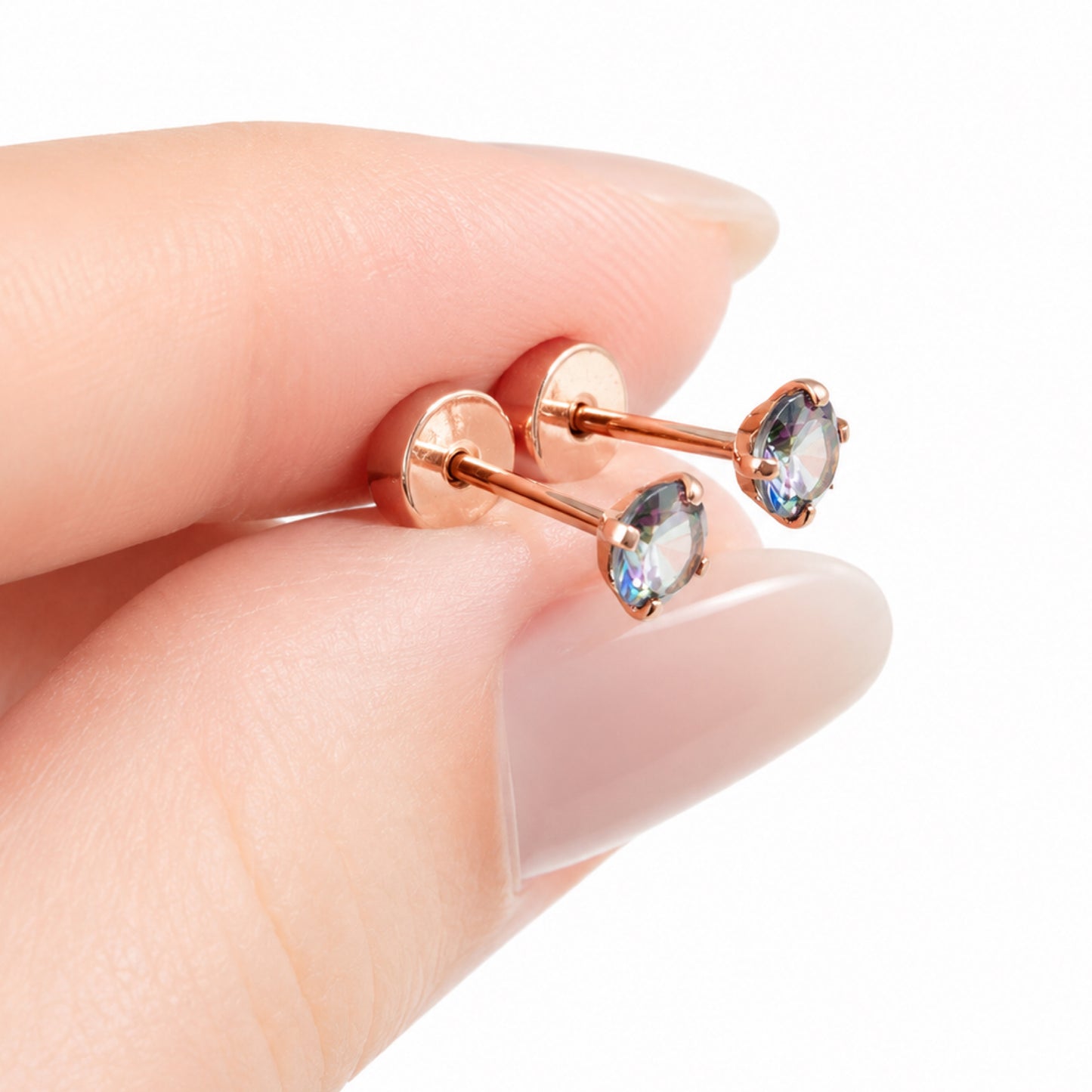 Rose Gold Rainbow CZ Flat Back Stud Earrings
