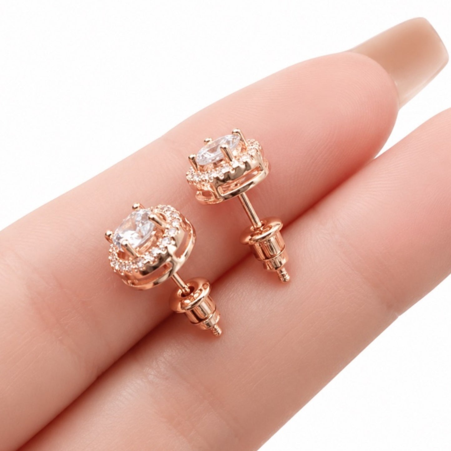 Rose Gold CZ Halo Stud Earrings
