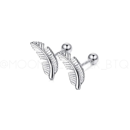 Silver Feather Barbell Earrings