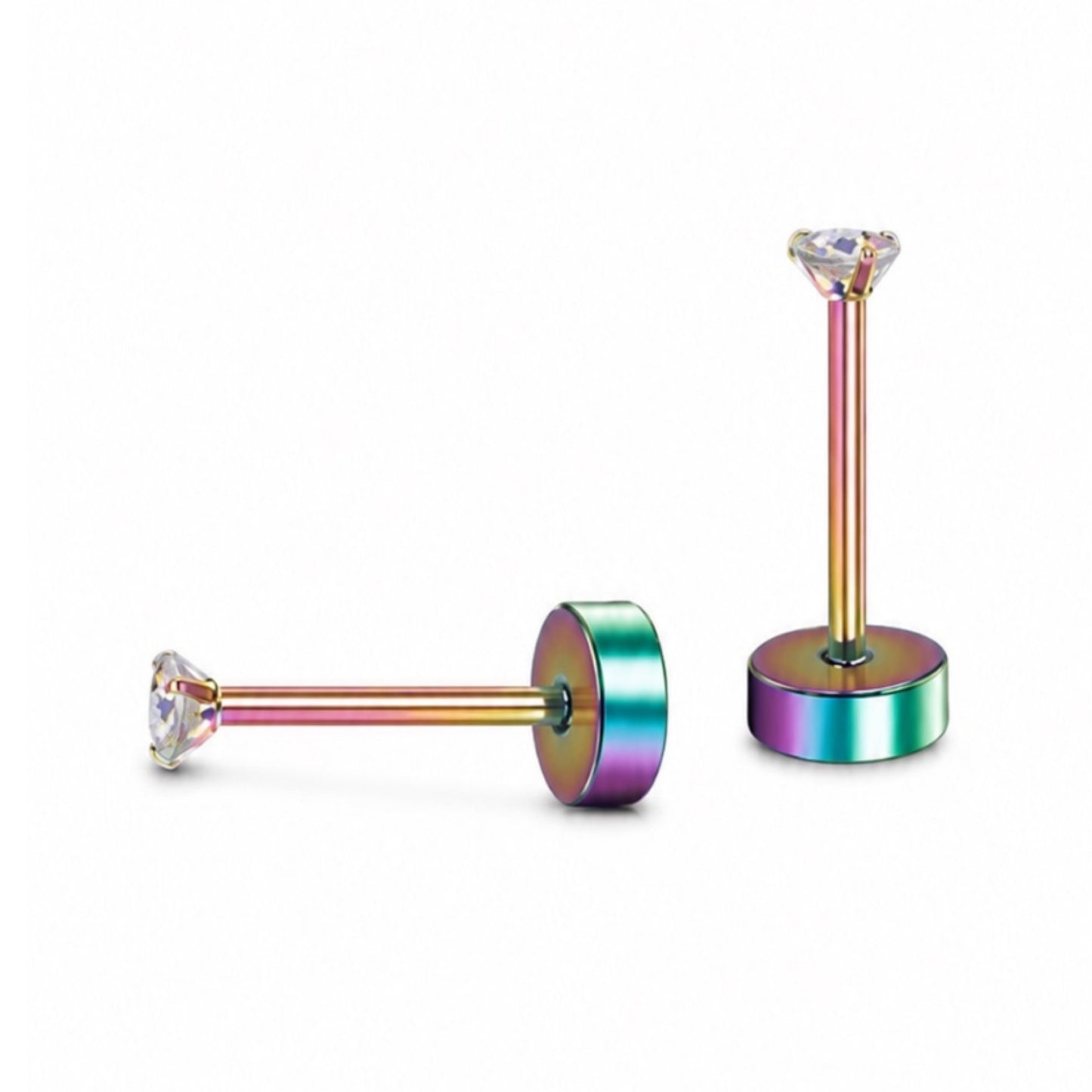 Rainbow Stainless Steel Flat Back Stud Earrings – 20G 2mm