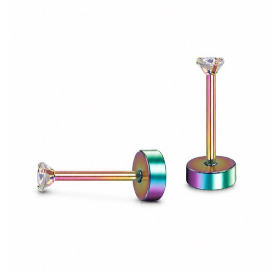 Rainbow Stainless Steel Flat Back Stud Earrings – 20G 2mm