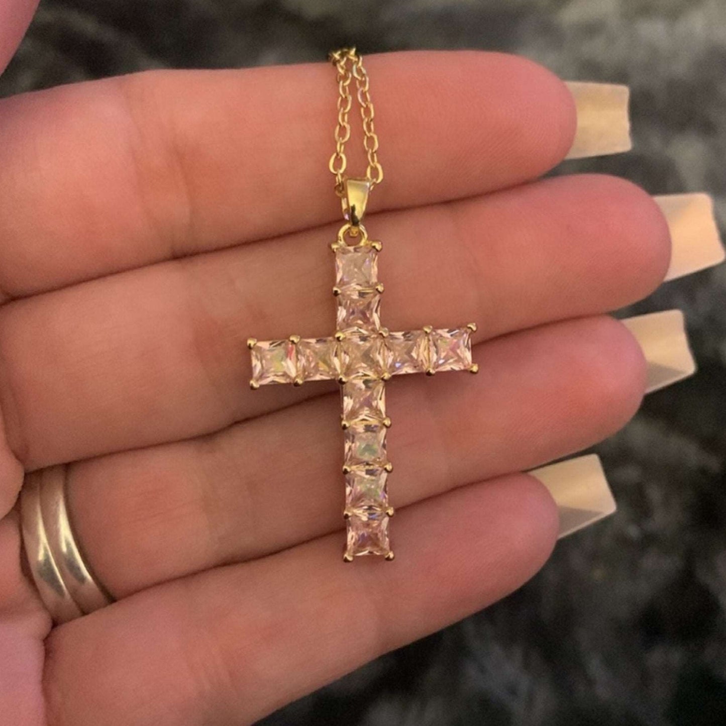 Gold Pink CZ Covered Cross Necklace