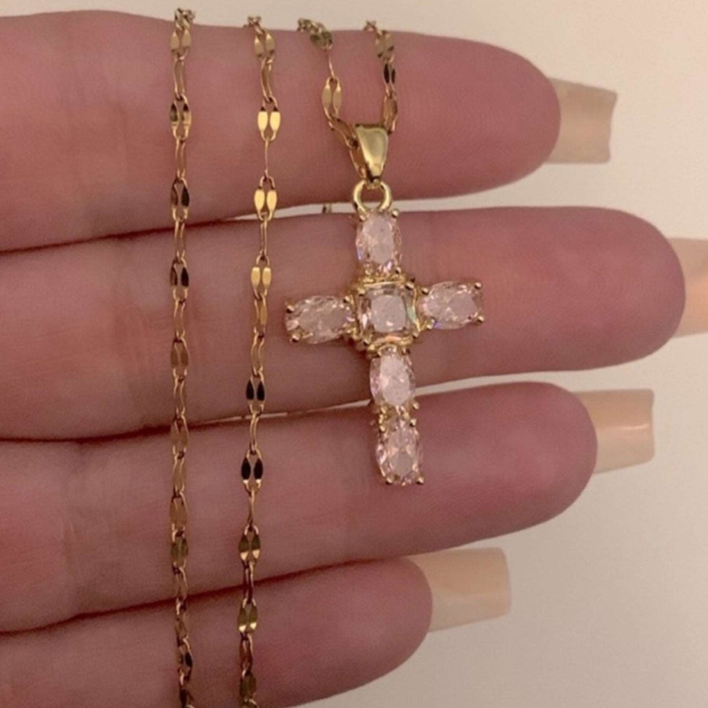 Gold Pink CZ Covered Cross Necklace