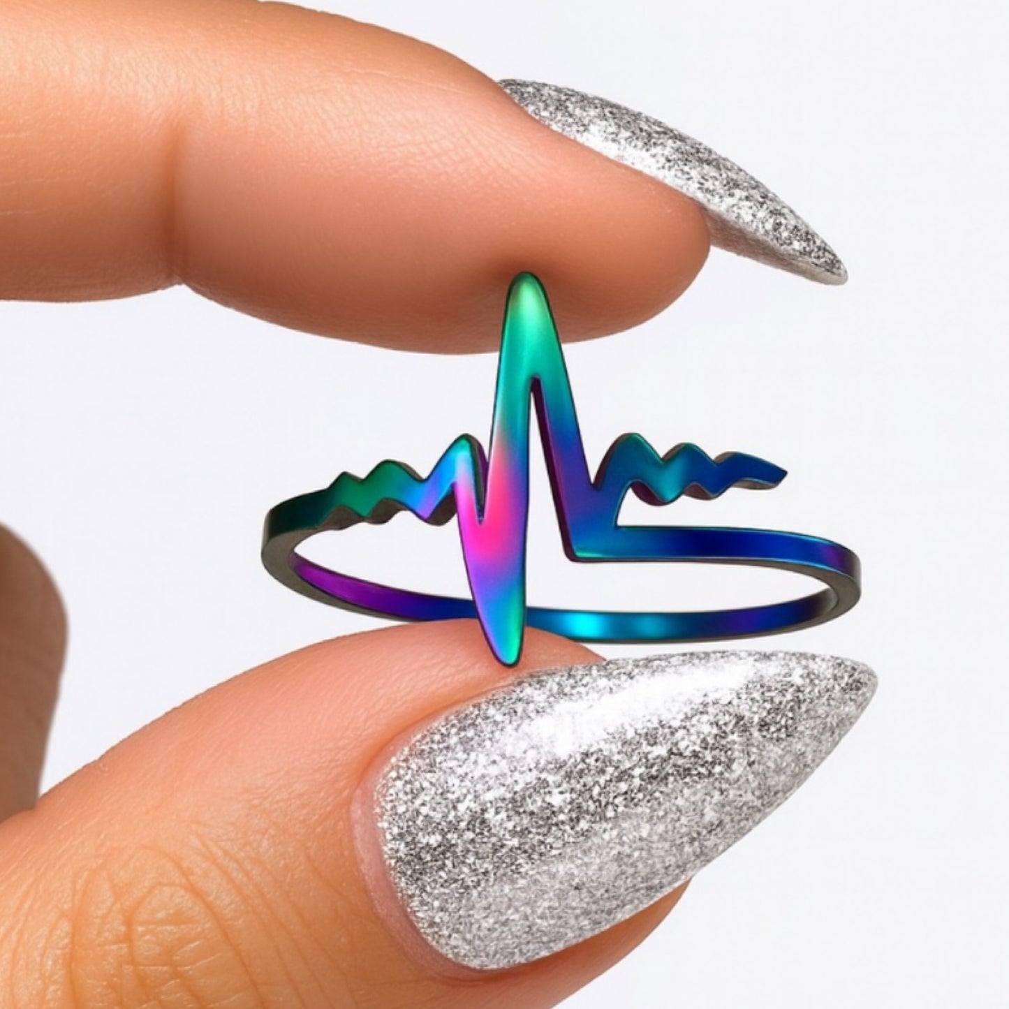 Rainbow Heartbeat Ring | Iridescent Stainless Steel Wave Band Jewelry | Festival Y2K Boho