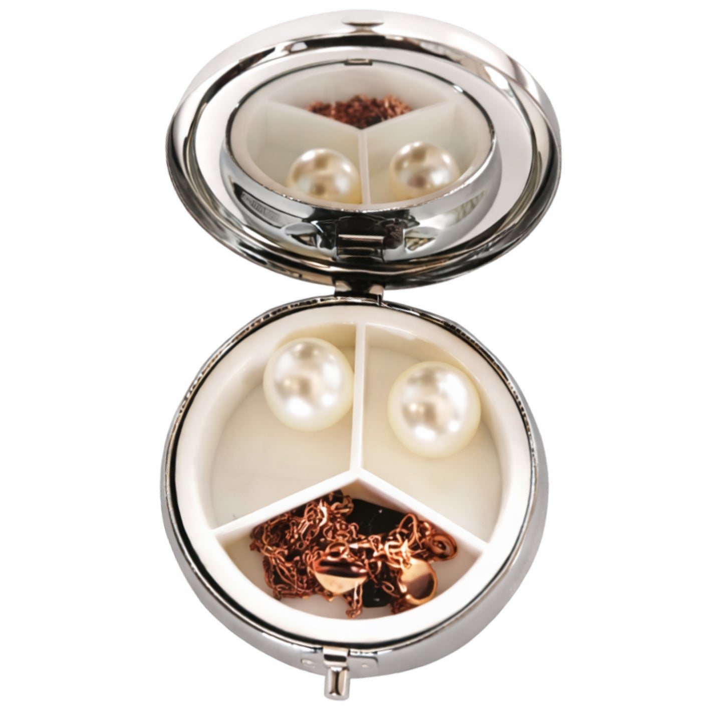 Silver & Burgundy Floral Round Pill Box Organizer – 3 Compartment Travel Case