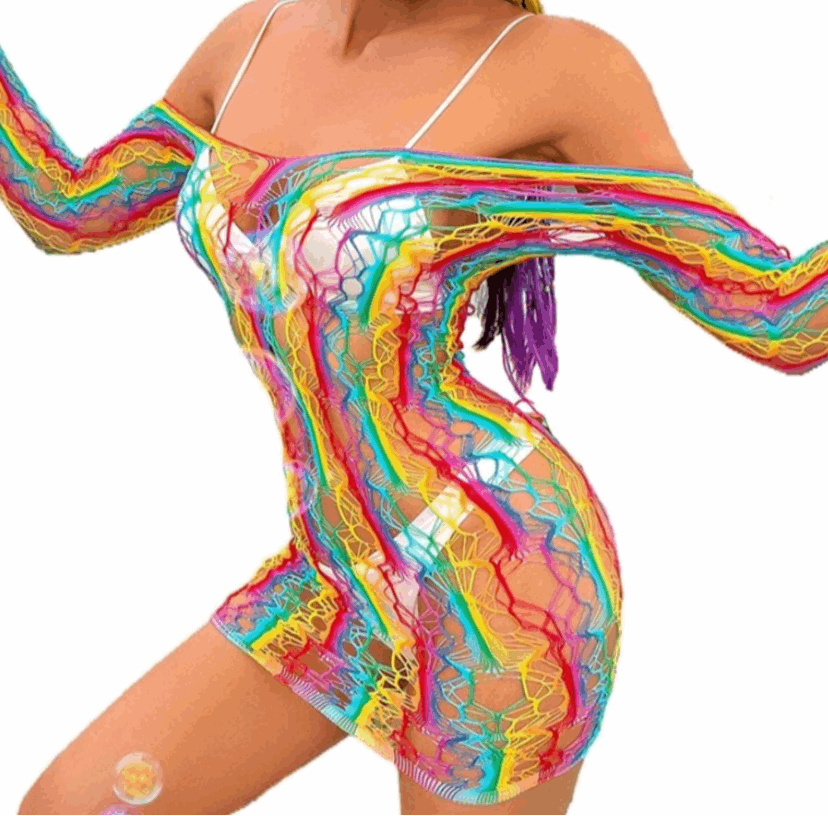 Rainbow Mesh Fishnet Dress Rave Festival Outfit Swim Cover