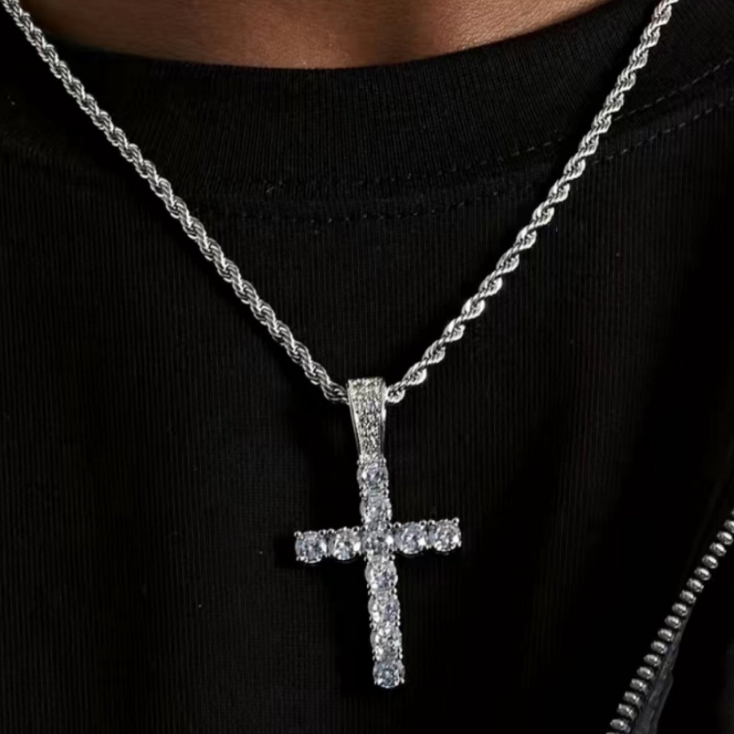 White Gold CZ Covered Cross Necklace