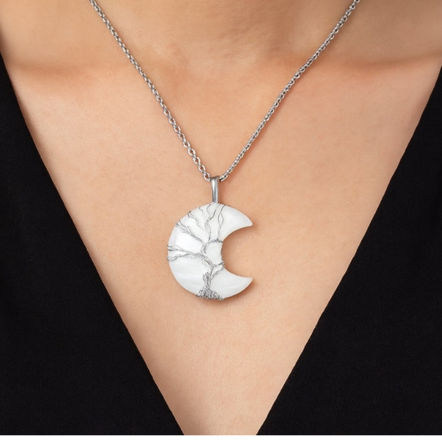 Moonstone Crescent Moon Tree of Life Necklace – 24” Chain