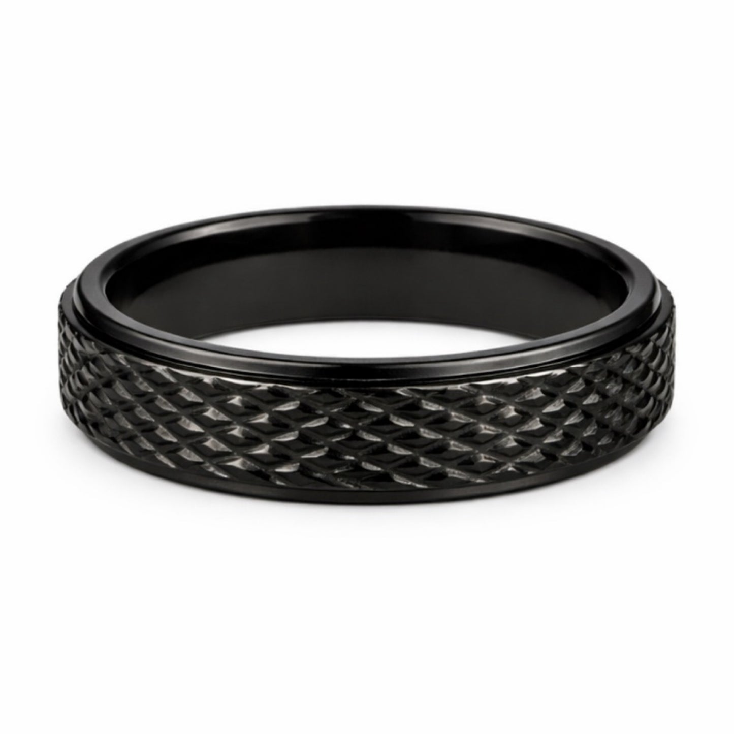 Black Stainless Steel Fidget Spinner Ring – Textured Anxiety Band