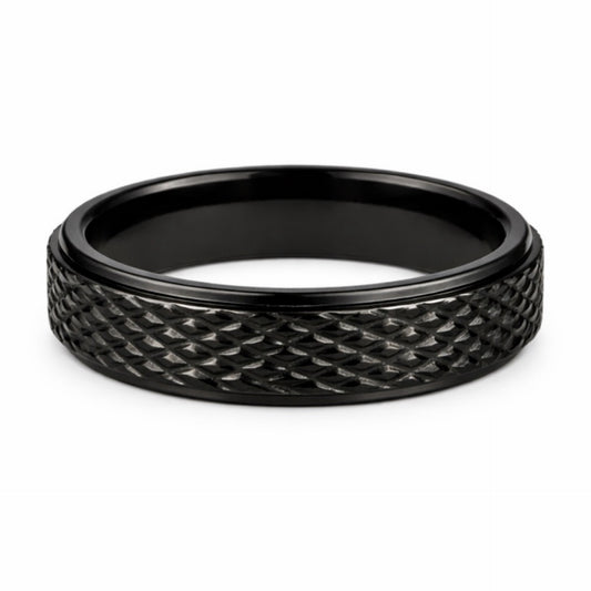 Black Stainless Steel Fidget Spinner Ring – Textured Anxiety Band